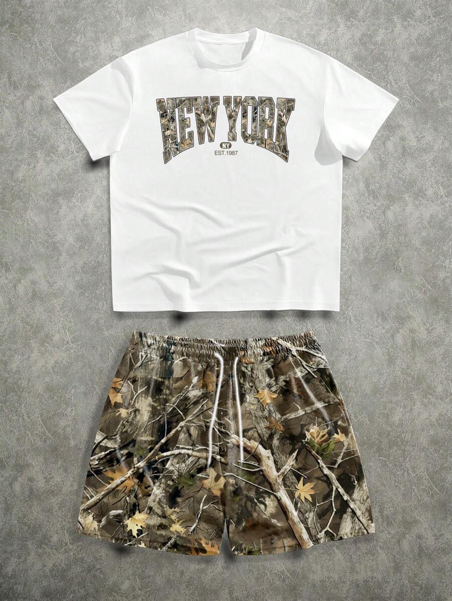 Manfinity Roghcode Men's Street Casual New York Letter Print T-Shirt And Shorts Set