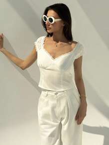 Aloruh Women Casual Solid Color Lace Trim Blouse, Summer