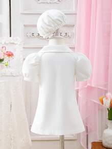 2pcs/Set Baby Girls Big Bow Decor Positioning Ruffled Dress&Matching Hat Set,Puff Sleeves Voluminous Black And White Summer Elegant Birthday Dress - Multicolor - View 2