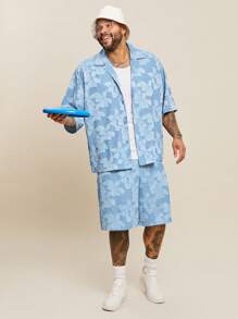 EASEVO Plus Size Men's Denim Effect Cutout Half Sleeve Blue Shirt And Shorts Set, Suitable For Summer