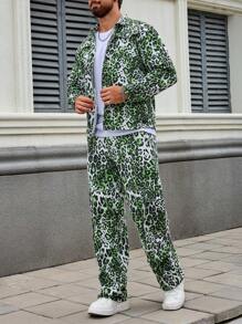 Manfinity Homme Men Denim Set, Leopard Print Long Sleeve Denim Jacket & Jeans, Fall - Multicolor - View 4