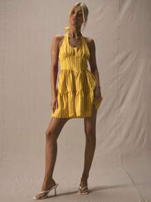 MUSERA Halterneck Fitted Bodice Two Tier Striped Mini Dress Spring Summer Cute Vacation - Yellow - View 5