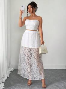Elenzga Bộ 2 món thời trang thanh lịch dành cho nữ cỡ lớn, áo không dây phối ren kiểu Pháp thanh lịch đi nghỉ mát và chân váy xẻ cao, thích hợp cho mùa hè, trở lại trường, tốt nghiệp, ngày lễ tình nhân, lễ hội âm nhạc, ngày của mẹ, halloween, lễ tạ ơn, lễ phục sinh, ngày quốc khánh, tiệc khiêu vũ, hẹn hò, mùa cưới, chuyến đi ngoài trời - trắng - Xem 2