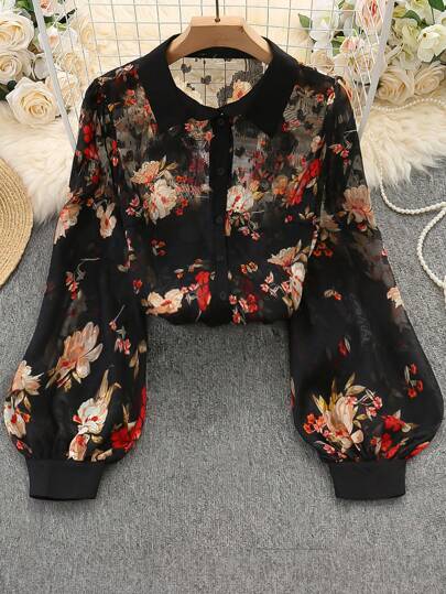 DreamSkyne 女士翻领印花宽松休闲灯笼袖衬衫女式衬衫