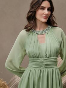 Anewsta Elegantes Chiffon Kleid mit geometrischem Muster und Langarm, geeignet für den Stadtbummel