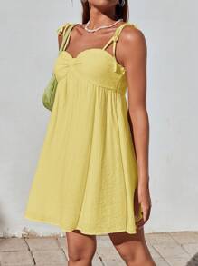 SHEIN EZwear 女士夏季休闲纯色纹理宽松褶皱吊带背心连衣裙 - 黃色 - 查看 4