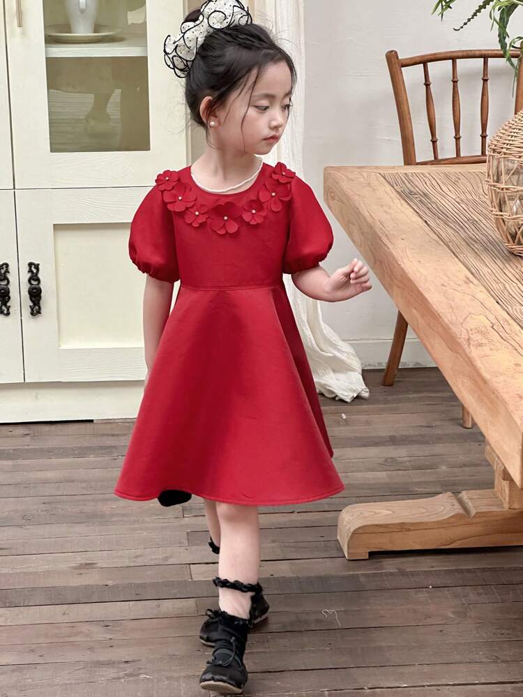 Young Girl Casual Crew Neck Embellished Cute Toddler Flower Puff Sleeve Dress, Girls Summer Outfits