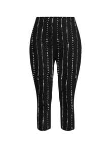 Plus Size Women's High Waist Chic Black White Striped Capri Leggings - Casual Stretchy Fitted Leggings, Suitable For Daily Wear,