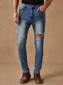 Manfinity NXTstreet Slim Fit Men's Stretch Ripped Distressed Skinny Jeans - Blue - View 1