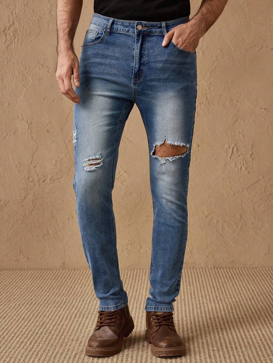 Manfinity NXTstreet Slim Fit Men's Stretch Ripped Distressed Skinny Jeans - Blue - View 1