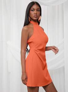 NYA SZN Vestido mini de cuello alto con escote halter, ceñido, para festival de primavera, verano, vacaciones, graduación, boda, invitada a evento especial, cena de bodas, baile de graduación - Naranja - Ver 3