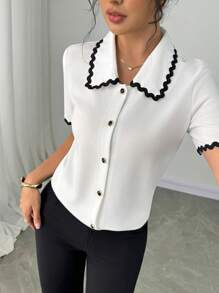 Elenzga Women's Elegant Collared Colorblock Wave Ribbon Black Trim Short Sleeve Blouse, Spring/Summer - White - View 4