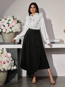 Modelyn 1 件女式纯色 3D 花卉贴花长袖衬衫 - 白色 - 查看 3