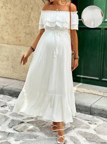 SHEIN 孕妇度假纯色荷叶边露肩优雅连衣裙荷叶边白色连衣裙女式长裙度假女式夏装白色连衣裙女式白色连衣裙女式暑假白色毕业礼服孕妇装 - 白色 - 查看 6