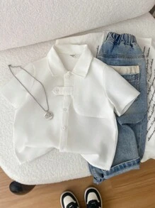 SHEIN 男童休闲多口袋工作服风格纯色梭织衬衫，适合学校、花园、海滩、生日，适合春、夏、秋、冬四季 - 白色 - 查看 5