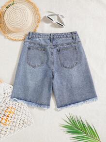 SHEIN Shorts en jean longs déchirés, effilochés et délavés style Y2K taille basse pour adolescentes. Mode printemps été vacances plage
