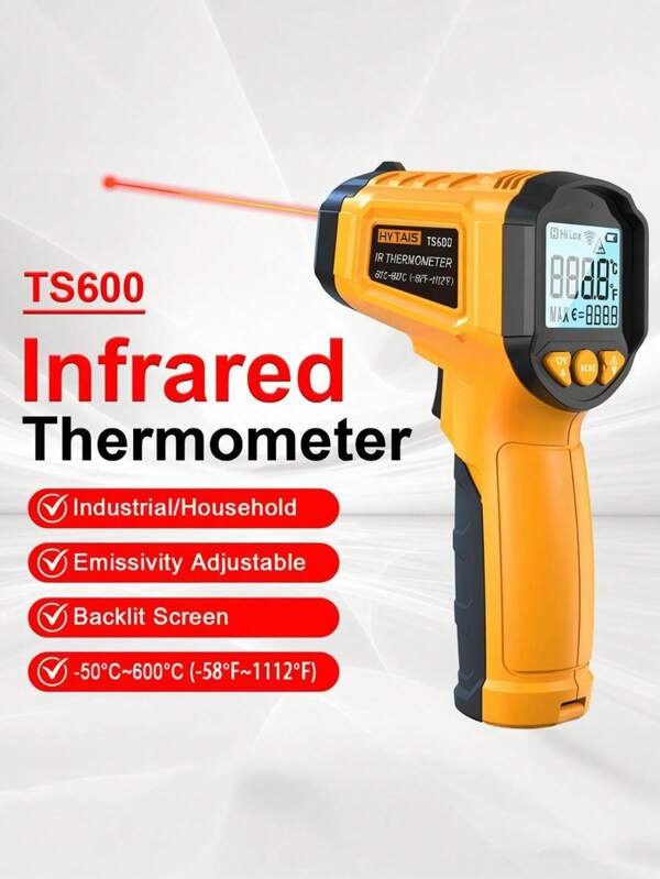 SHEIN 1 pieza Termómetro digital infrarrojo amarillo HYTAIS TS600, pistola de temperatura infrarroja sin contacto, emisividad ajustable de 0.1-1, rango de temperatura de -50°C a 600°C (-58°F a 1112°F), medidor de temperatura portátil para uso doméstico, cocina, horno de pizza, barbacoa y reparaciones del hogar