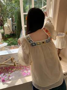 DAZY Blusa casual y elegante de mujer con bordado, manga larga, cuello cuadrado y crochet, para primavera/verano y otoño, top estilo babydoll - Albaricoque - Ver 12