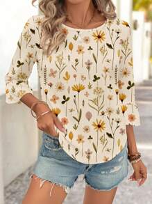 Rusticease 女士花卉印花圆领休闲度假衬衫，适合春夏季 - 彩色 - 查看 4