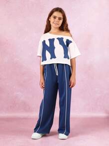 SUMWON Off Shoulder Crop T-Shirt Ny Print Wear Jogger Set Varsity Athleisure Streetwear Comfortable Back To School Fall Winter Spring - Royal Blue - View 2