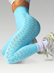 Easithlete Solid Color Seamless Hollow High Waist Sports Leggings - Blue - View 1