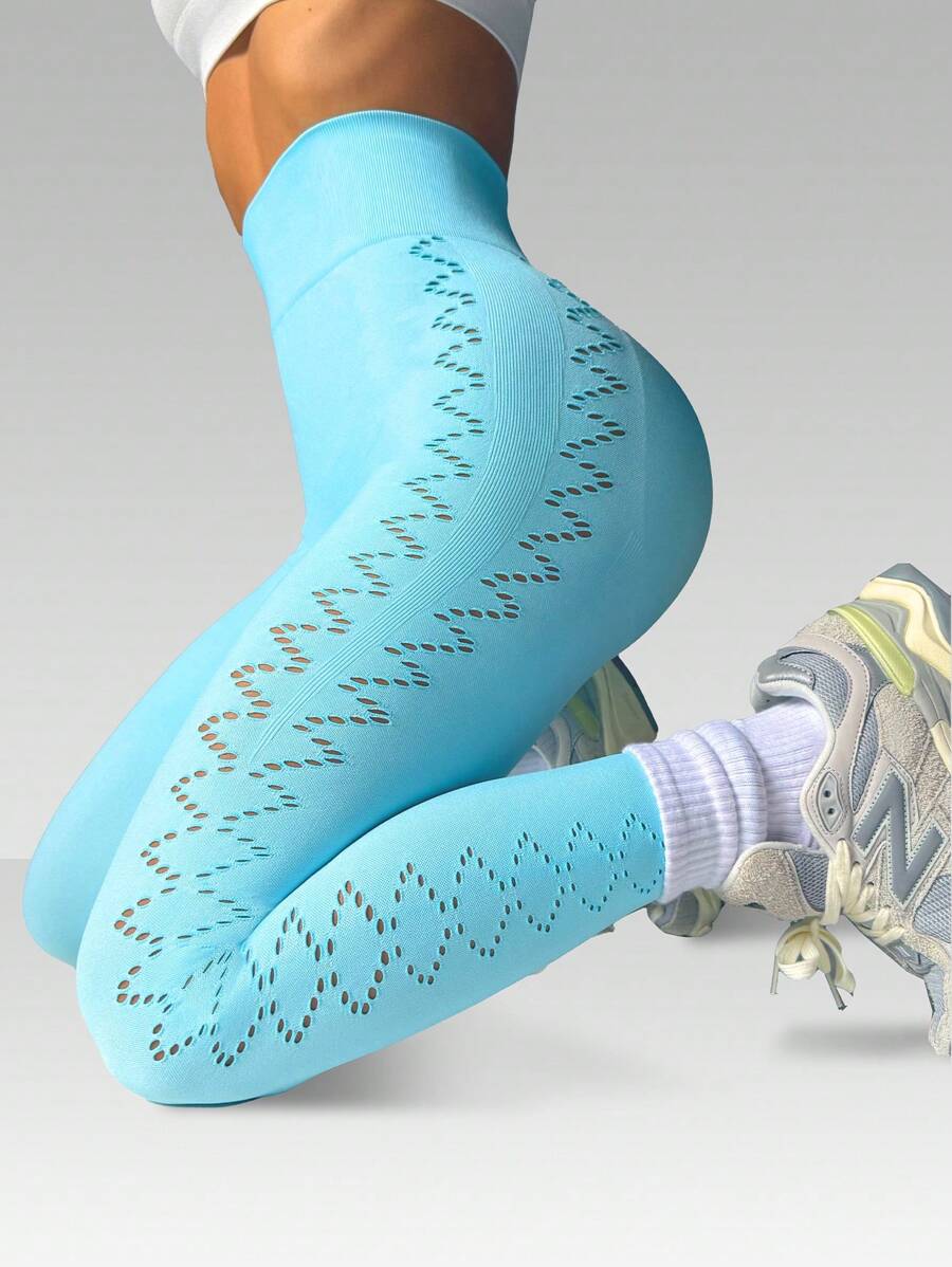 Easithlete Solid Color Seamless Hollow High Waist Sports Leggings - Blue - View 1