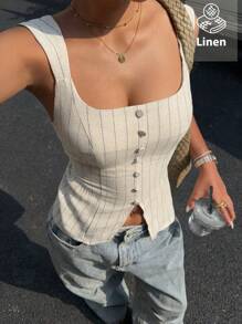 Siren Gaze 夏季新款休闲条纹修身背心 - 杏色 - 查看 6