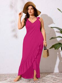 Swim Lushoire 大码女式花卉印花荷叶边下摆长款连衣裙，节日风格 - 玫紅色 - 查看 5