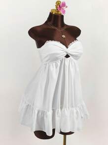 Amplova Summer Outfits For Women Vacation Outfits White Dresses Strapless Twist Knot Floral Lace Patchwork Tiered Ruffle Trim Hem Sun Dress White Dresses For Women - White - View 4