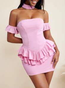 LUNA B Pink Off Shoulder Halter Neck Ruffles Mini Dress For Women Cute Summer Holiday - Pink - View 4