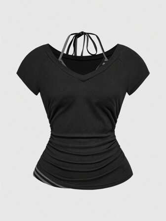 Grunge Punk Camiseta de verano, sexy Y2K 2 en 1 con cuello en V, a rayas, contraste de color, con lazo halter