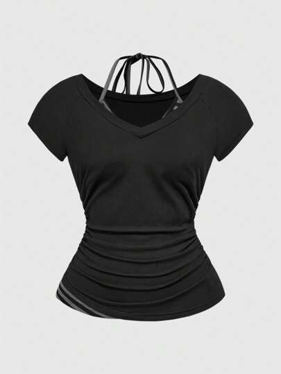 Grunge Punk Camiseta de verano, sexy Y2K 2 en 1 con cuello en V, a rayas, contraste de color, con lazo halter