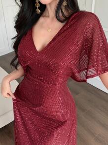 DAZY Women's Sequined V-Neck Empire Waist Dress, Elegant Long Formal Gown For Party Prom Dress