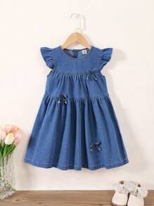 Girls Casual Preppy Style Blue Woven Denim Skater Dress With Bow Decor, For Toddler - Blue - View 1