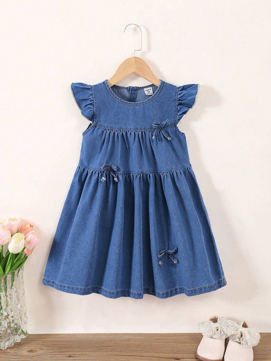Girls Casual Preppy Style Blue Woven Denim Skater Dress With Bow Decor, For Toddler - Blue - View 1