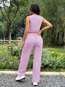 SHEIN PETITE Women Two Pieces Outfits For Daily Wear - Mauve Purple - View 2