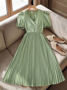 少女优雅纯色泡泡袖褶皱 A 字长裙，适合夏季生日派对 - 薄荷綠 - 查看 2