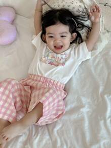 Dazy Kids Baby Girls Casual Printed Round Neck Short Sleeve Top And Loose Fit Pants Loungewear Set - Pink - View 7