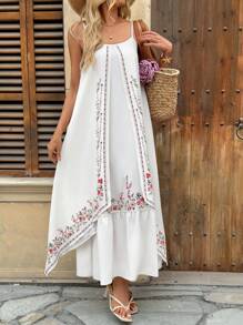 Chiquease 海滩度假碎花细肩带连衣裙，波西米亚风格，宽松无袖花裙，适合度假 - 杏色 - 查看 3