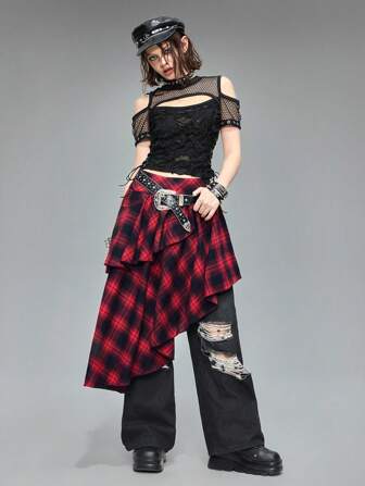 Grunge Punk Damen Punk Stil Mesh Patchwork perforierte ausgeschnittene Seite Kordelzug Taille Bluse