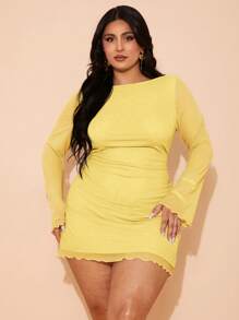 SHEIN BAE Plus Size Women's High Street Mini Short Dress, Suitable For Daily Wear, Commuting, Outing, Dating, Afternoon Tea, Vacation, French Style Dress, Formal Gown, Birthday Dress, Bridesmaid Dress, Spring/Summer,Valentine's Day,Valentine Outfits For Women - Yellow - View 5