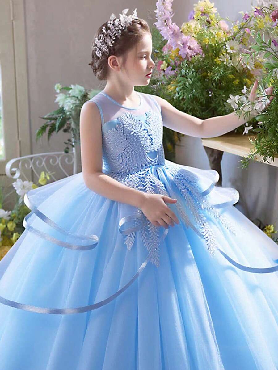 SHEIN Vestido elegante y lujoso de niña joven, cómodo, de manga larga, de tul azul multicapa, bordado, con falda esponjosa, adecuado para cumpleaños, fiestas y festivales