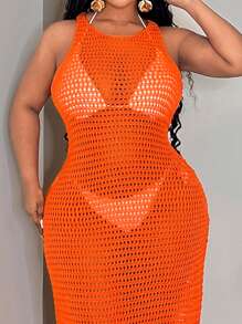 Slaydiva Plus Size Women Orange Sleeveless Hollow Out High Slit Maxi Knitted Dress, Sexy Beach Vacation Look, Spring/Summer - Orange - View 7