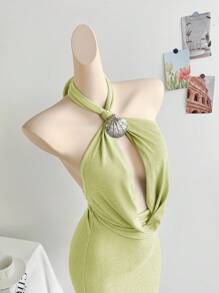 Soleia Damska mini sukienka z odkrytymi plecami, niebieska dzianina metaliczna z drapowanym dekoltem i ramiączkami typu halter, seksowna sukienka plażowa