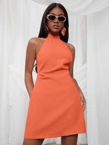 NYA SZN Vestido mini de cuello alto con escote halter, ceñido, para festival de primavera, verano, vacaciones, graduación, boda, invitada a evento especial, cena de bodas, baile de graduación - Naranja - Ver 6
