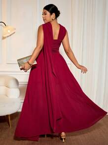 Cravure 开衩婚纱、晚礼服、飘逸围巾领长裙、大码女装、复活节派对礼服、舞会礼服 - 酒紅色 - 查看 2