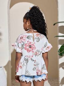 SHEIN Blusa con volantes y manga abullonada con estampado tropical para niña preadolescente