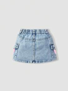 Baby Girls' Casual Urban Light Wash Patch Pockets Heart Print Denim Skirt With Elastic Waistband - Light Wash - View 2