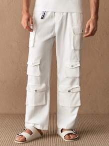 Manfinity ModaGents Pantalones holgados de carga con cordón en la cintura y bolsillos múltiples, para hombres, uso casual en primavera y verano