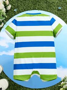 Teletubbies X SHEIN Tuta neonato maschio carina a righe verdi e blu con stampa cartoni animati